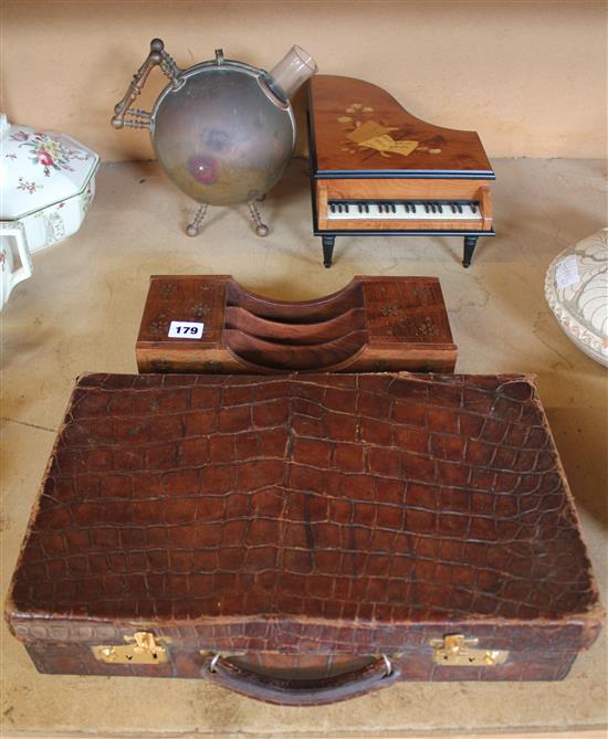 Piano shape music box, leather case and other items